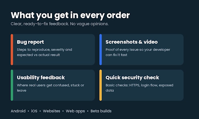 qa testing, app testing, website testing and usability review