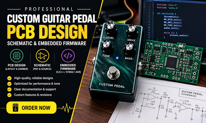 design custom guitar pedal pcb, schematic and embedded firmware