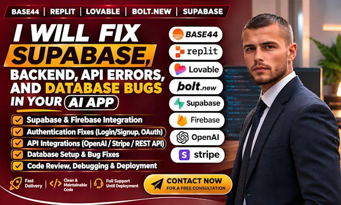 fix supabase backend api errors database bugs in your base44, replit ai web app