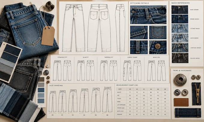 create denim tech pack, jeans cad flats, cargo pants, size grading, factory spec