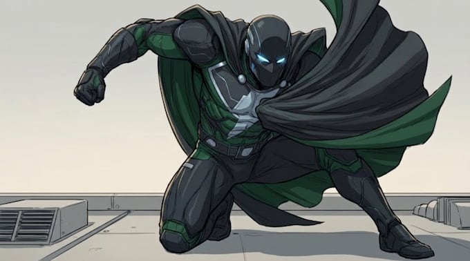 design a powerful superhero character and futuristic armor