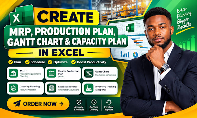 create mrp, schedule, master production plan, gannt chart,capacity plan in excel