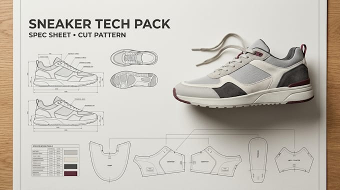 create sneaker tech pack, shoe spec sheet and cut pattern