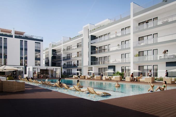 visualize cgi residential development, render multi unit 3d apartment exterior