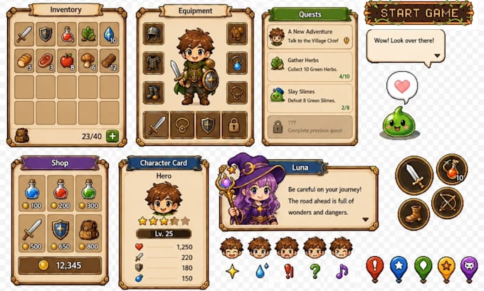 create pixel art UI elements hud and game icons for 2d games