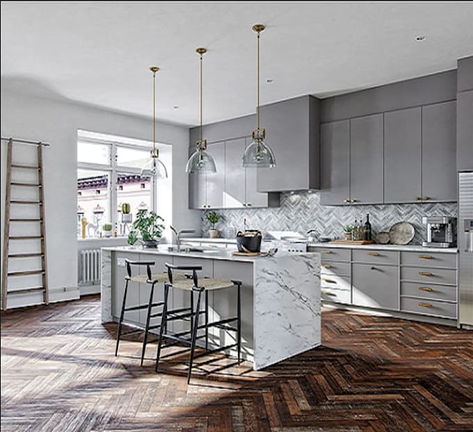 create modern interior design, living room, kitchen bedroom realistic rendering