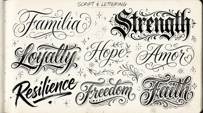 create lettering, script, calligraphy tattoo designs