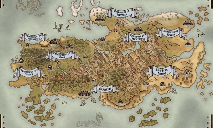 do fantasy world map, rpg , regional map, hand drawn map illustration, novel map