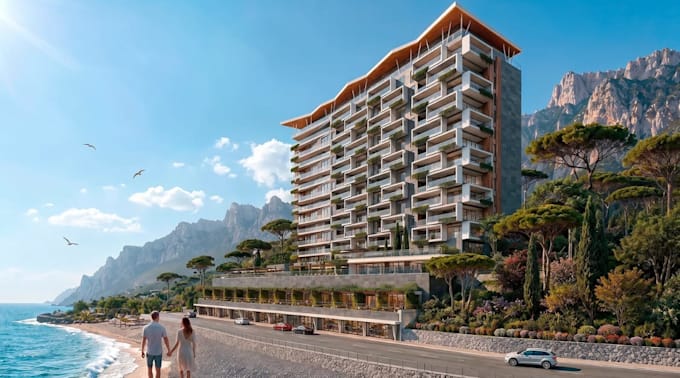 render 3d hotel complex,seaside resort,mixed use building,beach apartment design