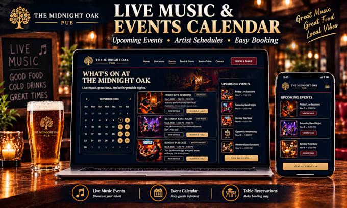 create a pub website with live music events and table booking