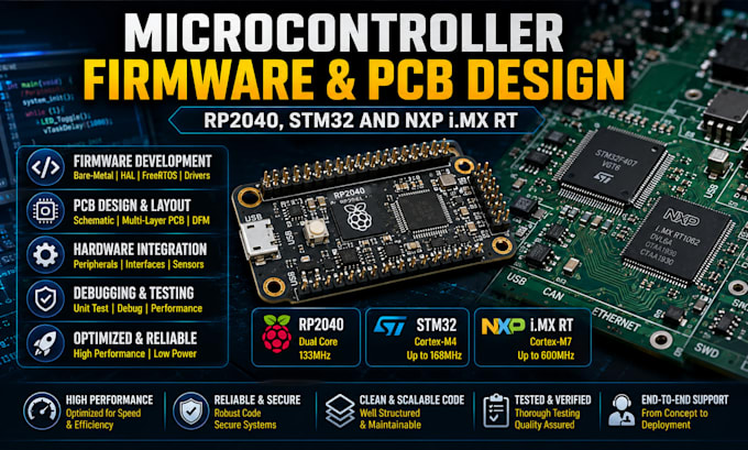 rp2040, stm32 and nxp imx rt microcontroller firmware development and pcb design