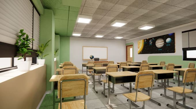 construct kindergarten space design, kids classroom,exterior interior cgi render