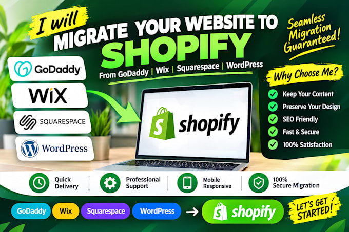 migrate godaddy wix squarespace wordpress website to shopify