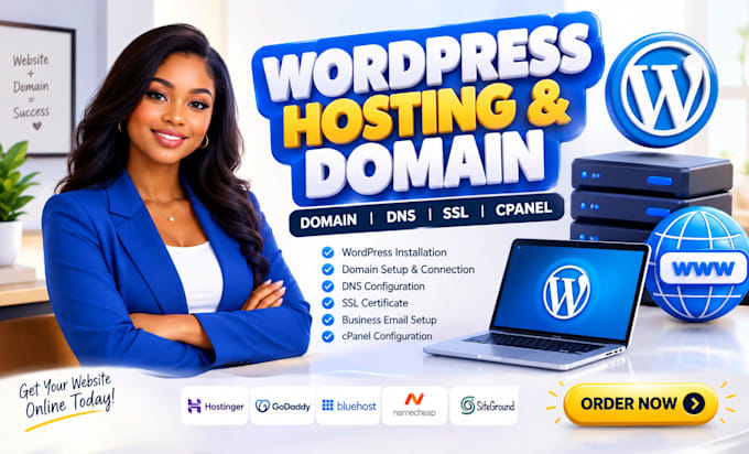 setup wordpress hosting, domain, dns, SSL and business email