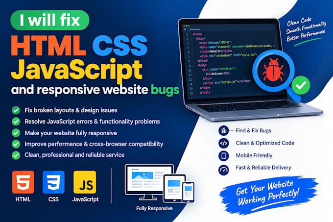 fix HTML CSS javascript and responsive website bugs