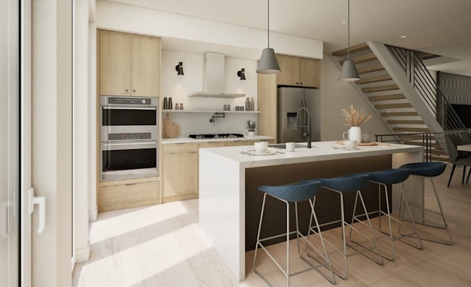 redesign basement interior,open plan design,3d layout,staircase render, kitchen