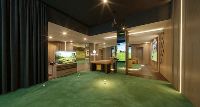 3d indoor virtual game,2d interior plan,golf simulator,launch monitor,cgi render