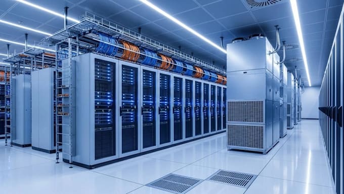 create realistic 3d data center, server room, IT infrastructure designs