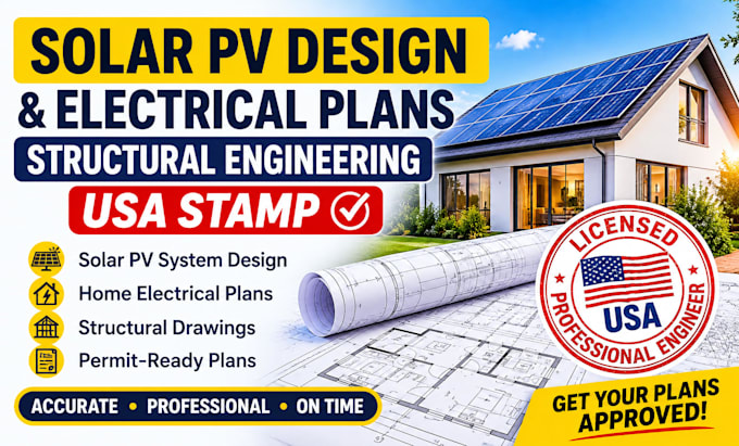 provide solar pv design, home plan electricalc, structural engineering USA stamp
