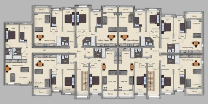 create a 2d architectural rendered floor plan