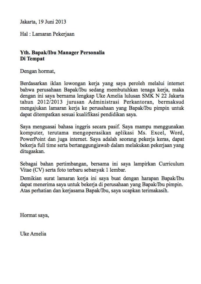 Surat Lamaran Kerja Dalam Bahasa Inggris Beserta Iklannya لم
