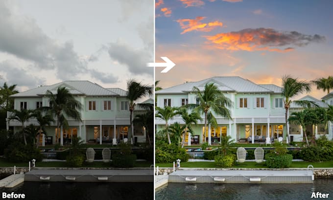 replace sky, green grass, and fire in fireplace in real estate photos