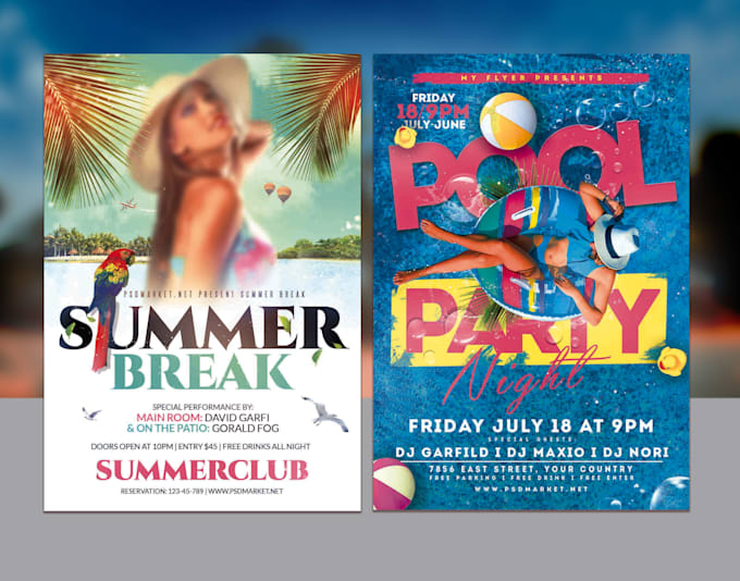 create vibrant summer flyer design, beach party, BBQ, pool party