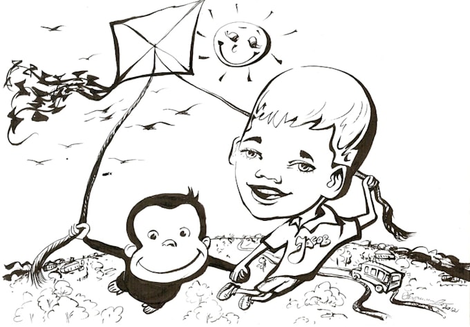 hand draw cute cartoon with sharp line ink technique