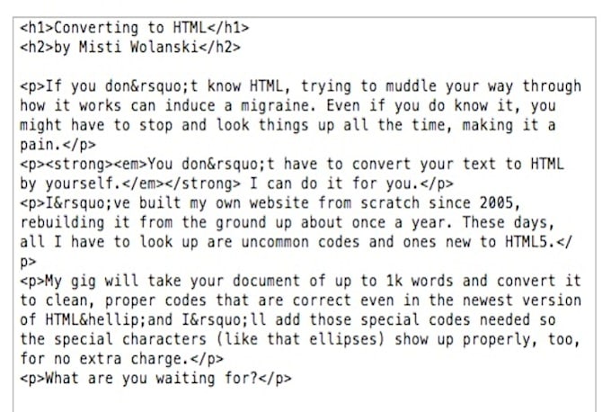 convert a document of up to 500 words into HTML