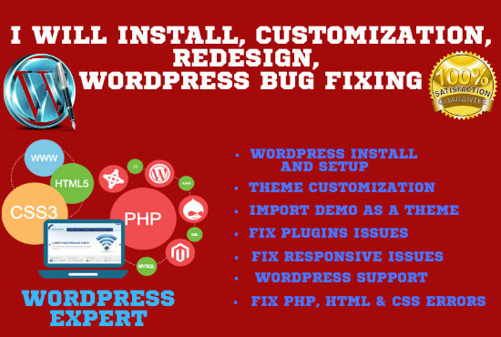 install, customization, redesign, wordpress bug fixing