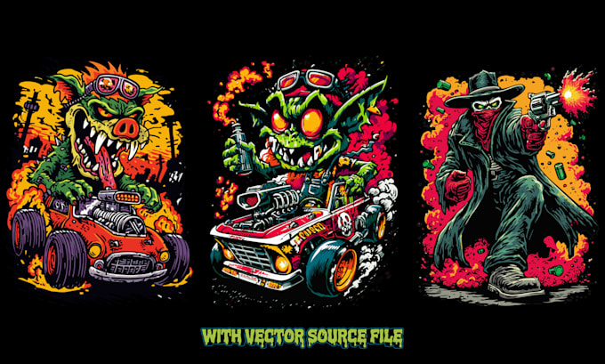 draw detailed rat fink tshirt design , hot rod, rat rod