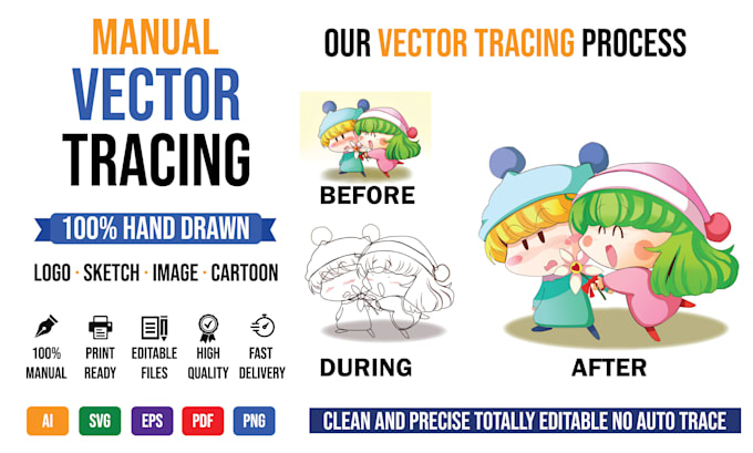 do manual vector tracing, logo, sketch and cartoon character