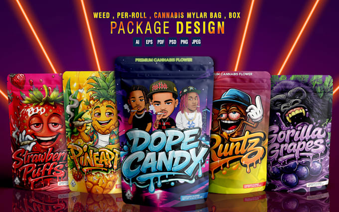 design unique weed pouch, mylar bag and cbd product labels