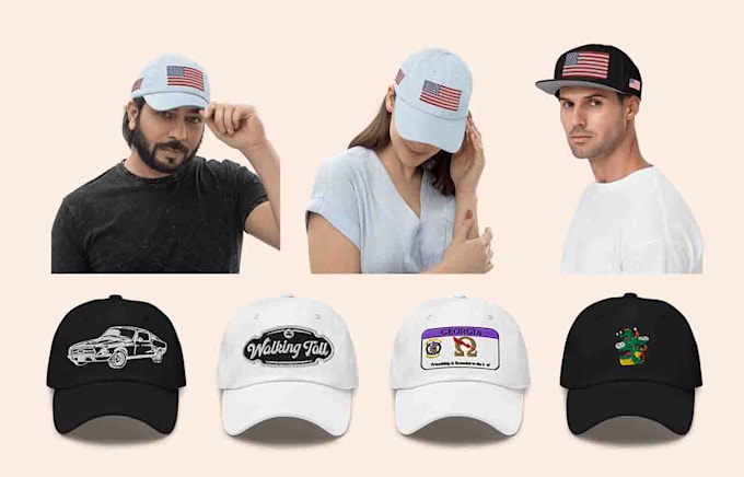 make leather, embroidered patch, digital, all over print caps designs