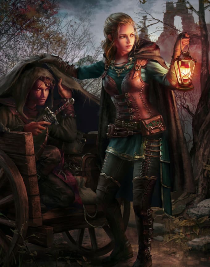 Draw rpg character, fantasy character, portraits, book cover by