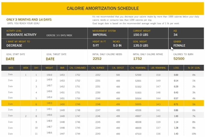 Build excel weight loss, healthy habit, fitness tracker by