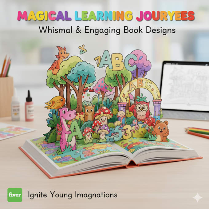 create kids learning books, alphabet and storybook scenes