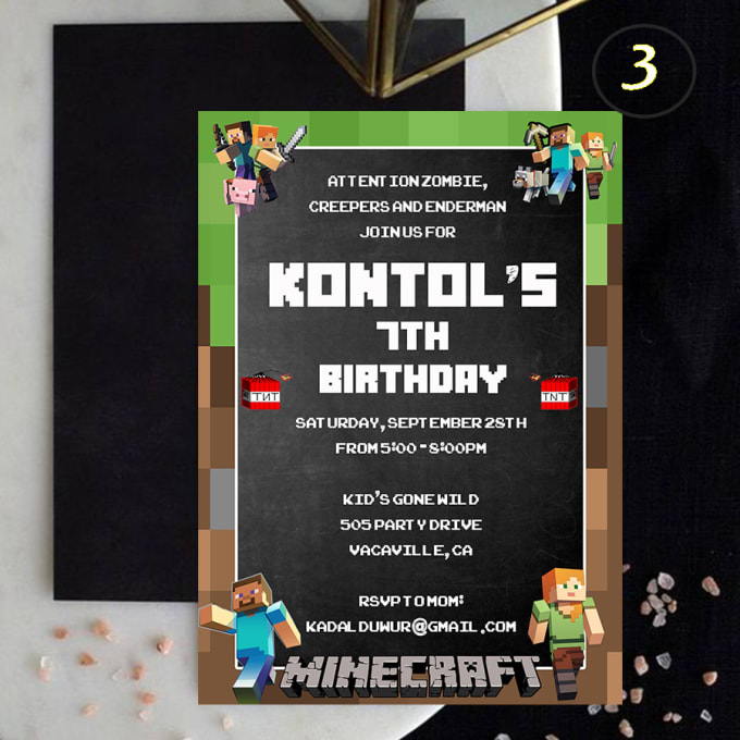 Diseño de invitación a fiesta de cumpleaños sorpresa de Minecraft.