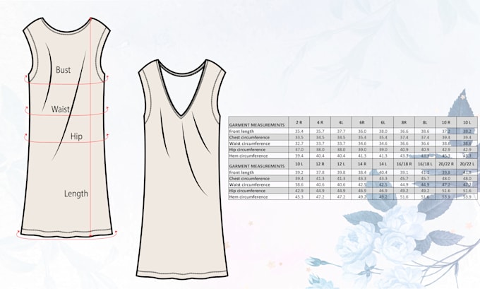 create an attractive size chart with a flat sketch