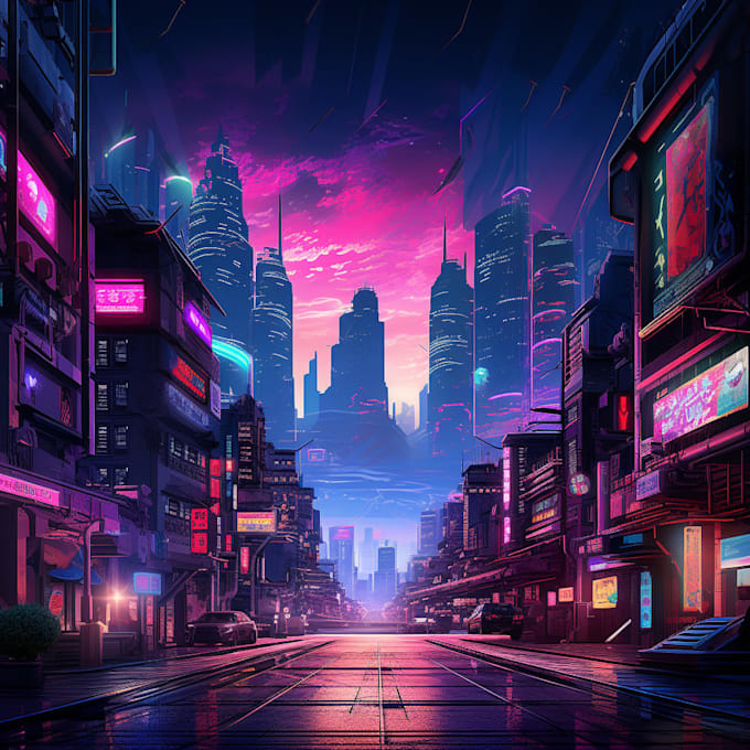 Create a futuristic cyberpunk city, background art and robot character ...