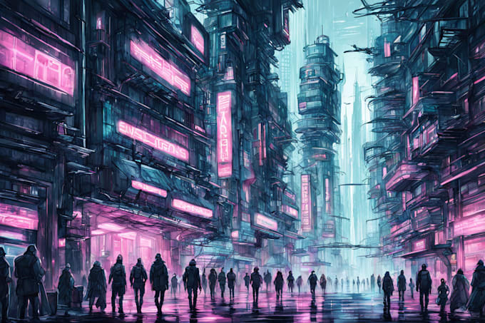 Draw sci fi illustration of futuristic cyberpunk city by Aksanes | Fiverr