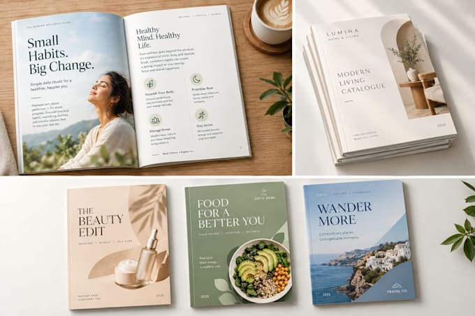 design a magazine catalogue or booklet layout for print or digital