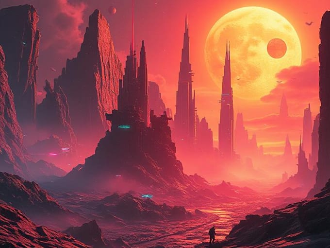 draw a cyberpunk futuristic landscape or sci fi concept