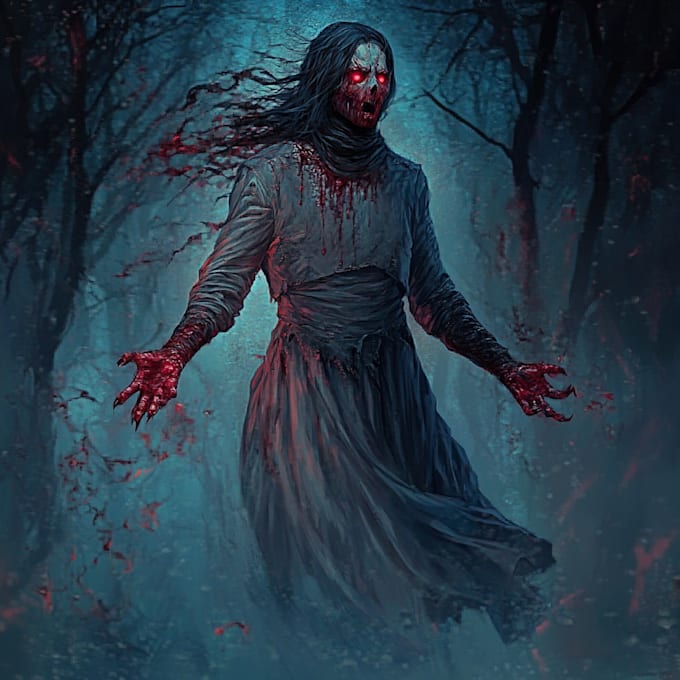 do a dark horror fantasy character art in black and white