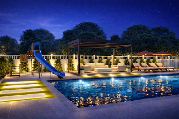 create realistic 3d landscape, patio, and swimming pool design