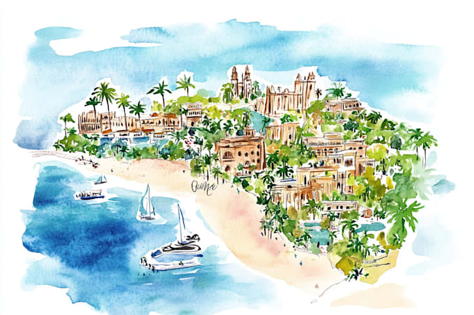 custom watercolor map illustration with landmarks, wedding