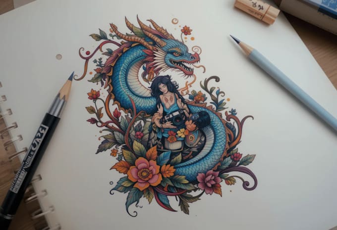 make custom tattoo design hand draw in realist, anime style