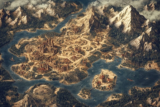 draw cartoon fantasy map illustration, doodle hand drawn