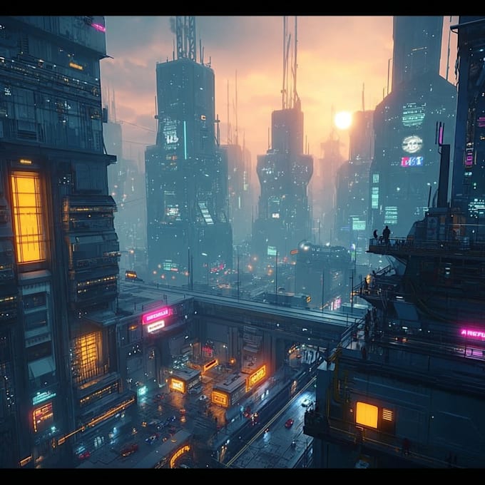 Draw a cyberpunk futuristic city art illustration by Gusling | Fiverr