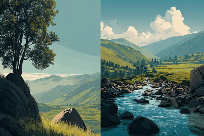 draw a flat vector landscape, poster illustration